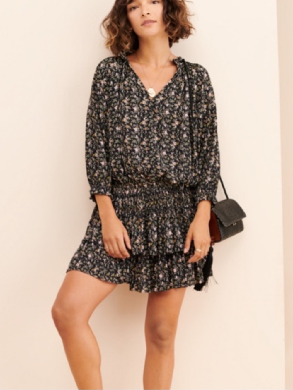 Current Air Small Black Floral Long Sleeve Smocked Ruffled Tiered Mini Dress - Picture 6 of 13